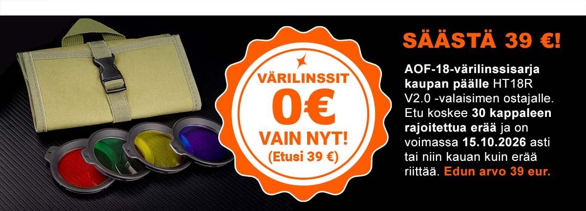 AOF-18-värilinssisarja kaupan päälle HT18R V2.0 -valaisimen ostajalle. Etu koskee 30 kappaleen rajoitettua erää ja on voimassa 15.10.2026 asti tai niin kauan kuin erää riittää. Edun arvo 39 eur.