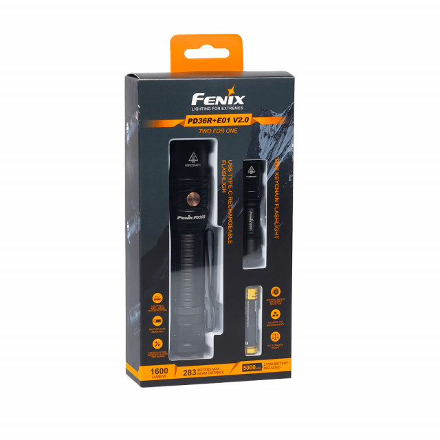 Fenix PD36R + E01 V2.0 lamppupaketti Fenix PD36R + E01 V2.0 lamppupaketti