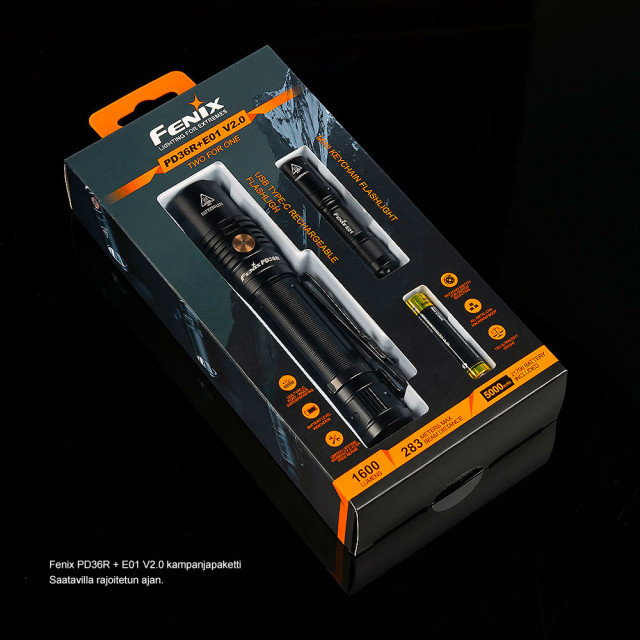 Fenix PD36R + E01 V2.0 lamppupaketti Fenix PD36R + E01 V2.0 lamppupaketti