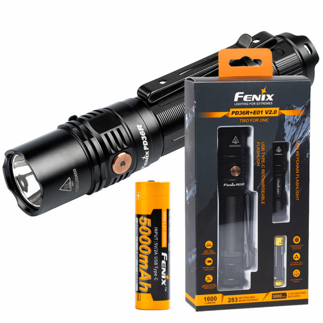 Fenix PD36R + E01 V2.0 lamppupaketti Fenix PD36R + E01 V2.0 lamppupaketti