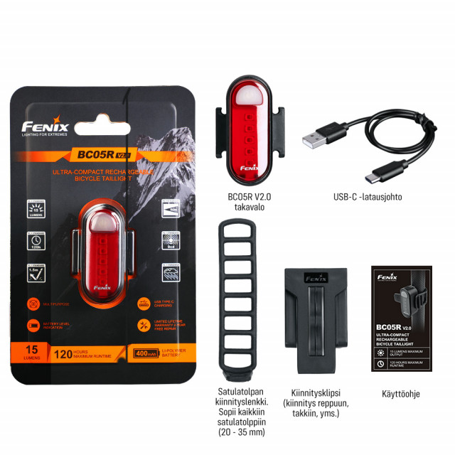 Pyörän takavalo Fenix BC05R V2.0, 15 lm Pyörän takavalo Fenix BC05R V2.0, 15 lm